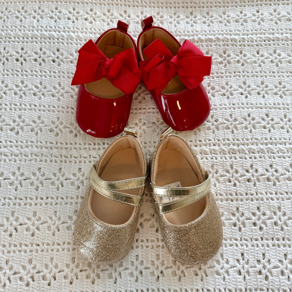 Baby Toddler Girl Red Patent Bow Mary Janes & Gold Glitter Mary Janes 9-12 Mo.
